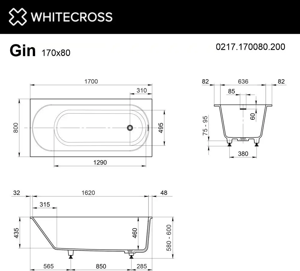 Ванна Whitecross Gin 170x80 0217.170080.200 (белый матовый) - фото товара
