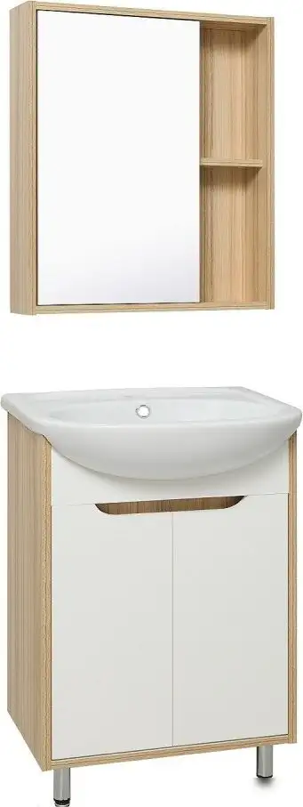 Runo Тумба с умывальником Runo Эко 60 + Уют 60 (напольная, белый/лиственница) – фото товара