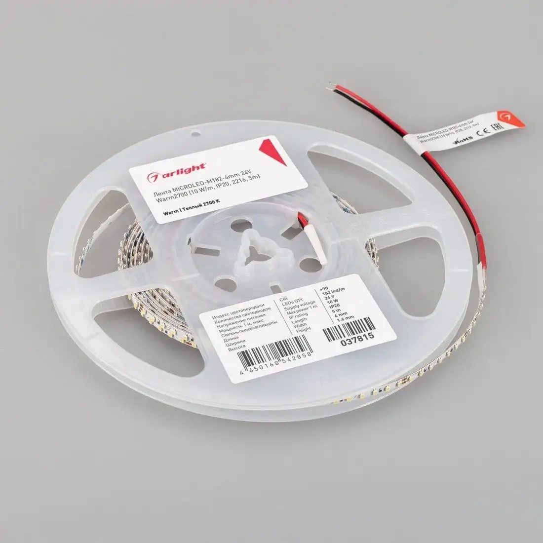 Светодиодная лента Arlight 10W/m 182LED/m 2216SMD теплый белый 5M MICROLED-M182-4mm 24V Warm2700 037815 – фото товара