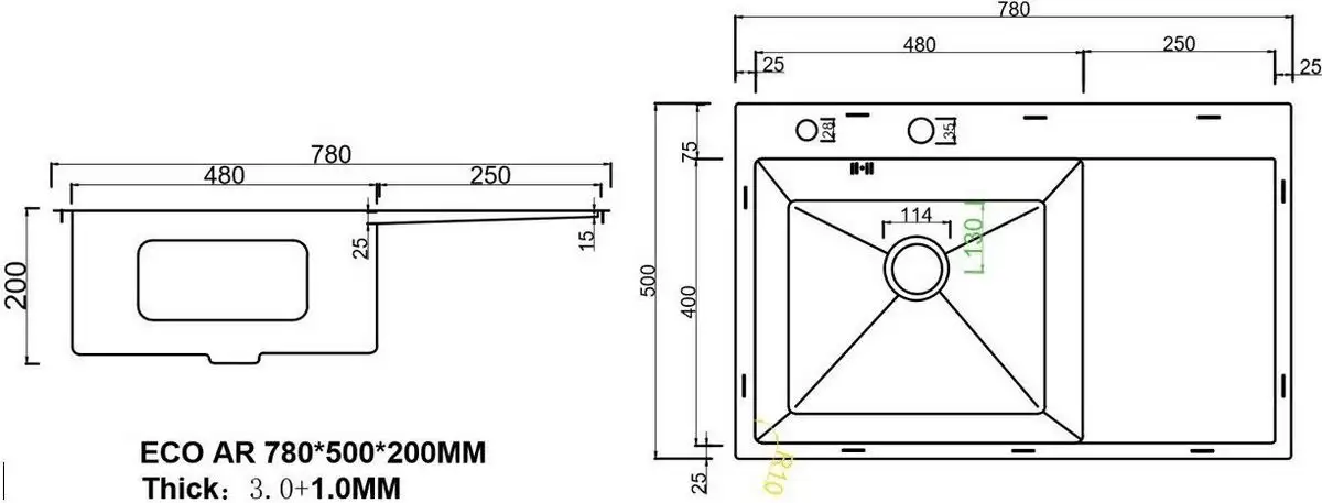 Кухонная мойка ARFEKA ECO AR 780*500 L SATIN - фото товара