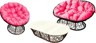 Набор садовой мебели M-Group Мамасан, Папасан и стол 12140208 (коричневый ротанг/розовая подушка) – изображение в каталоге