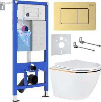 Унитаз подвесной Roxen Antares Gold в комплекте с инсталляцией StounFix Dual Fresh 6 в 1 968460 (кнопка: брашированное золото) - изображение в каталоге