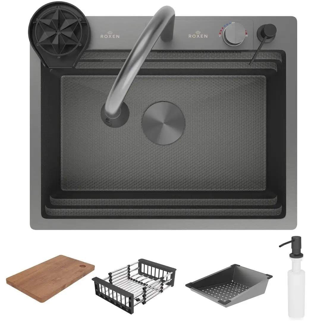 Кухонная мойка Roxen Stage Plus 560250-60-BS многофункциональная 8 в 1 (60*48/текстурный графит) - фото товара