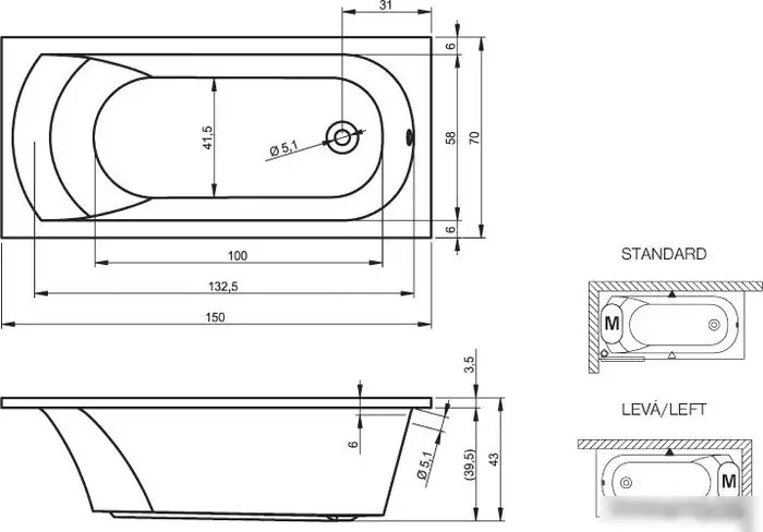 Ванна Riho Miami 150x70 (с ножками) - фото товара