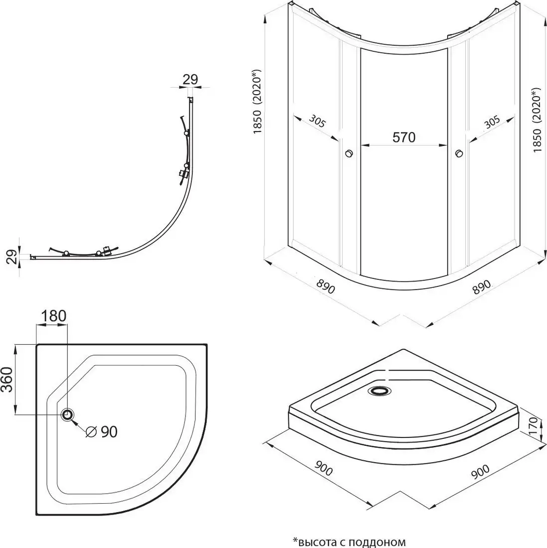 Душевой уголок Saniteco SNT-801 90х90 c поддоном (черный/прозрачное стекло) - фото товара