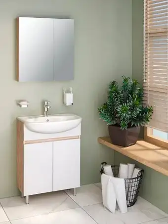 Runo Тумба с умывальником Runo Лада 60 + Уют 60 (напольная, блэквуд/белый) – изображение в каталоге