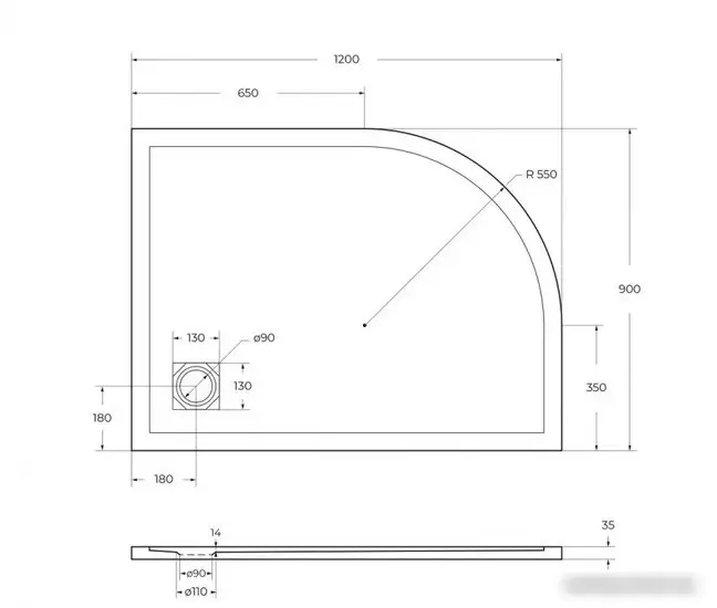 Душевой поддон BelBagno TRAY-MR-UNO-RH-120/90-550-35-W-R 120x90 - фото товара