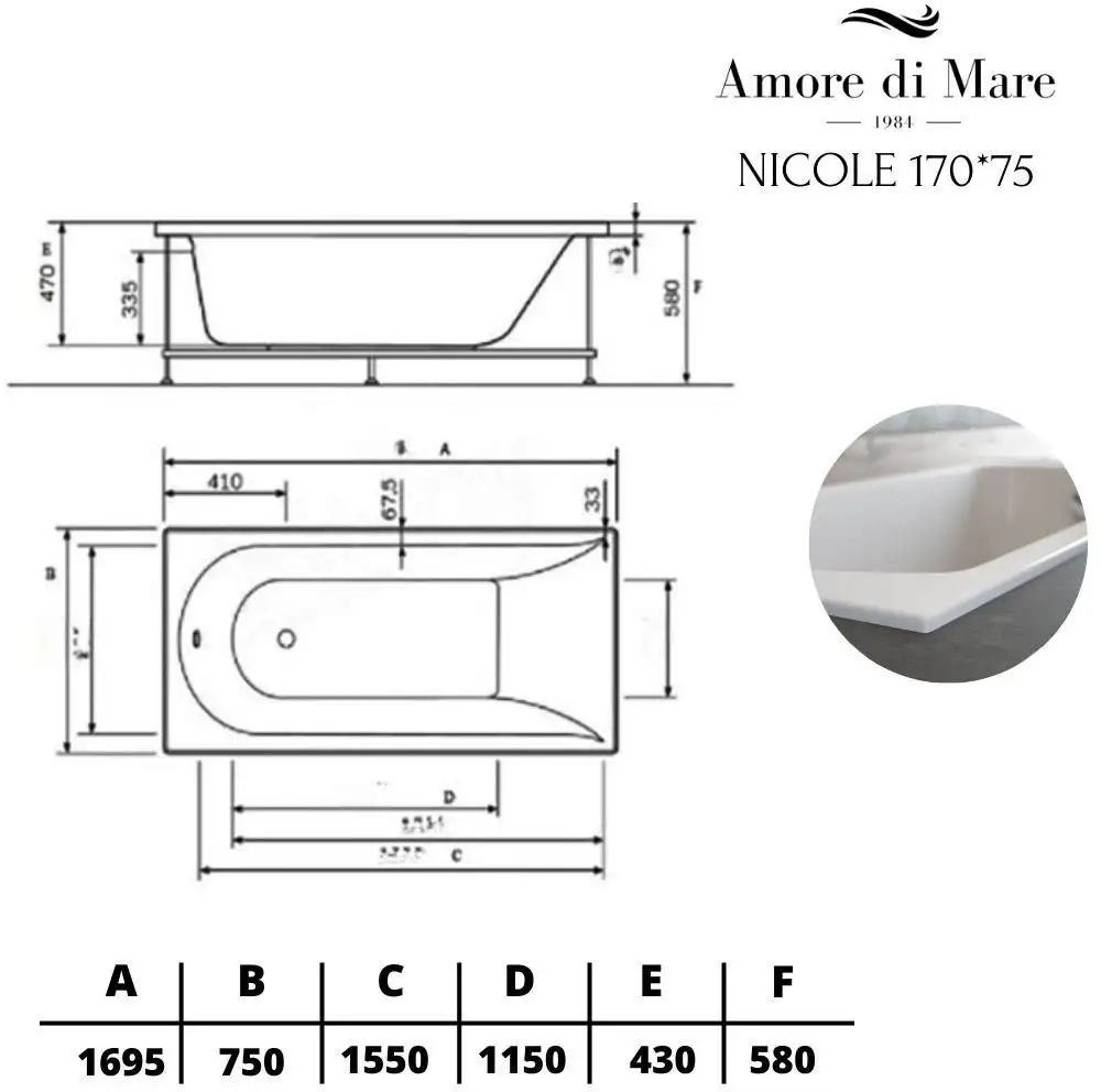 Ванна Amore di Mare Nicole 170x75 - фото товара