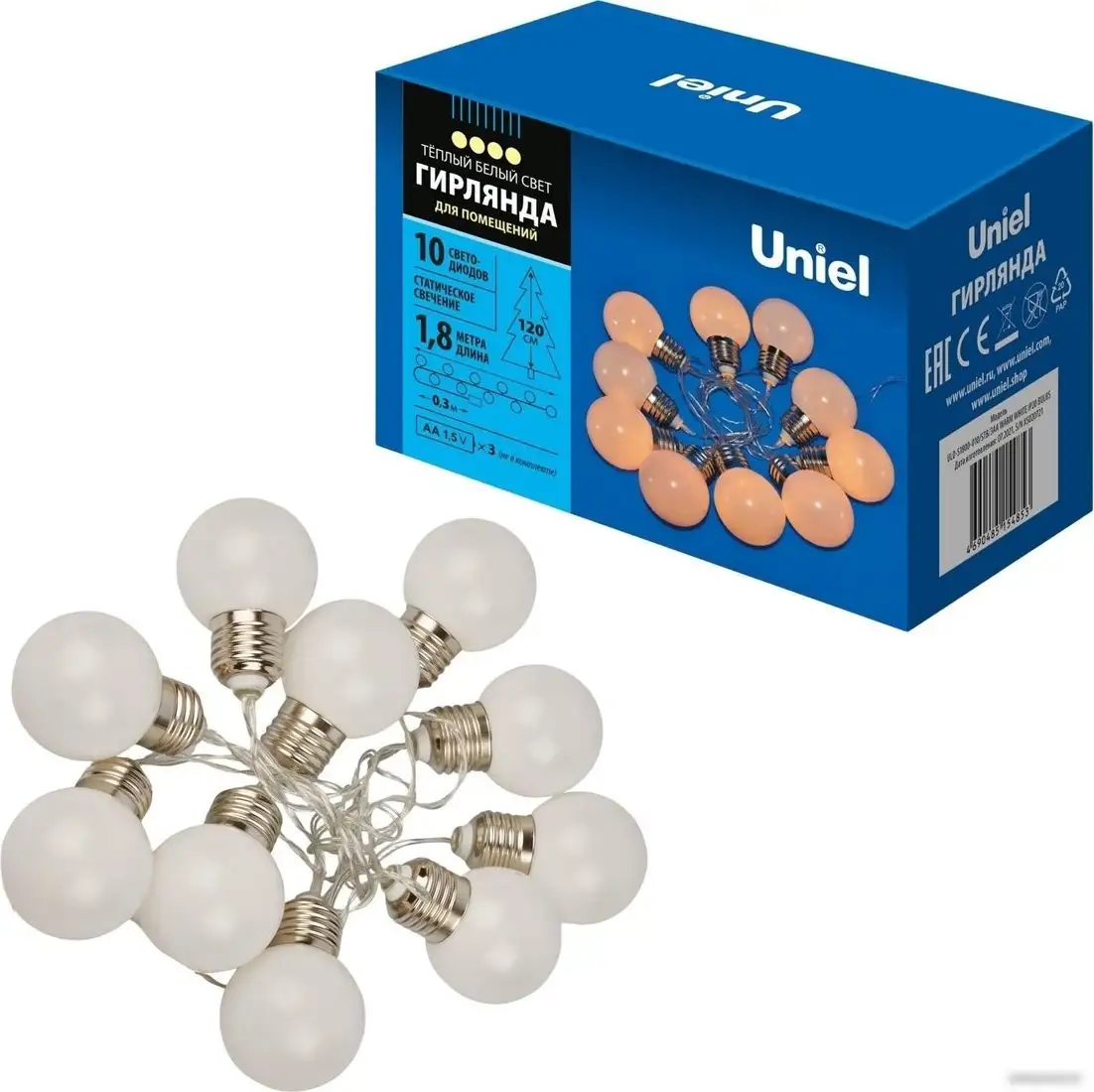 Новогодняя гирлянда Uniel ULD-S1800-010/STB/3AA WARM WHITE IP20 BULBS UL-00008421 – фото товара
