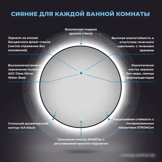 Wellsee Зеркало с фоновой LED-подсветкой 7 Rays' Spectrum 172200180, 100 х 100 см (с сенсором и регулировкой яркости освещения) – фото товара