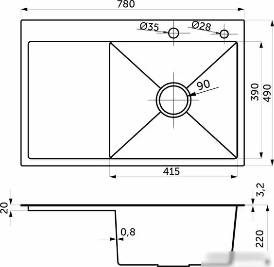 Кухонная мойка AKS Прямоугольная 78x49 правая (графит) - фото товара
