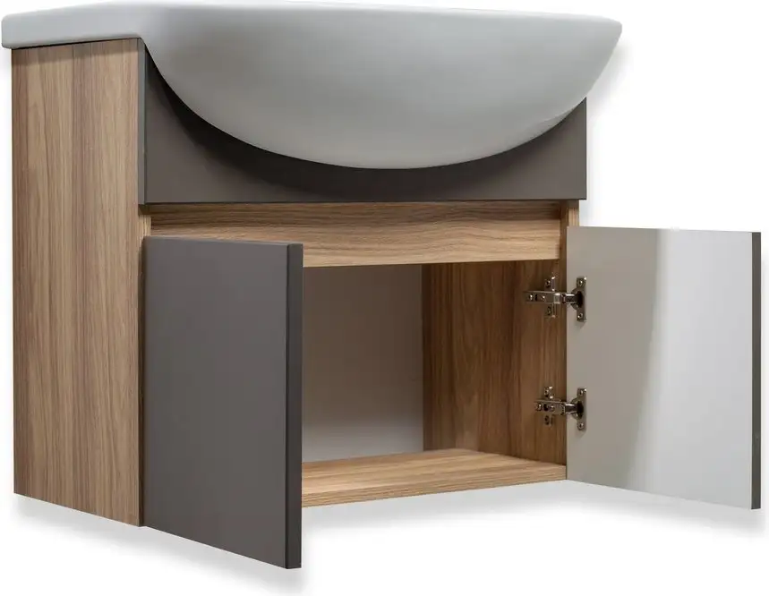 Runo Тумба с умывальником Runo Лада 60 + Уют 60 (подвесная, дуб/графит) – фото товара
