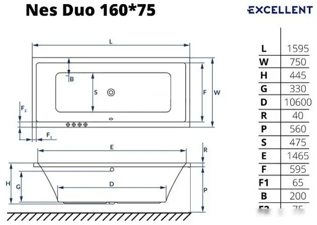 Ванна Excellent Ness Duo 160x75 (без ножек) - фото товара