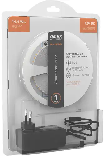 Готовый комплект светодиодной ленты Gauss LED 2835/120 12V 14,4W/m 1400lm/m 3000K 8mm IP20 5m 1/50 BT085 – изображение в каталоге
