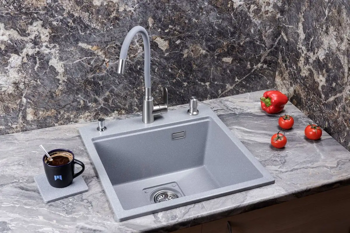 Кухонная мойка Marblan Comfort 50 (серебристый, с сифоном и колландером) - фото товара