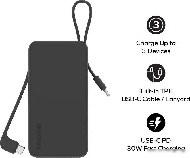 Внешний аккумулятор Momax 1-Power Vital+ Built-In USB-C IP138 10000mAh (черный) – фото товара