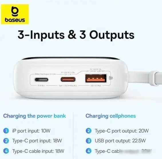 Внешний аккумулятор Baseus Qpow Pro+ Digital Display Fast Charge 22.5W 10000mAh (белый) – фото товара