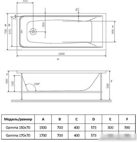 Ванна Alba Spa Gamma 170x70 (2 экрана и ножки) - фото товара