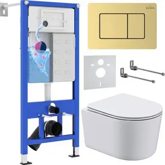Унитаз подвесной Roxen Simple compact в комплекте с инсталляцией StounFix Dual Fresh 6 в 1 968480 (кнопка: брашированное золото) - изображение в каталоге