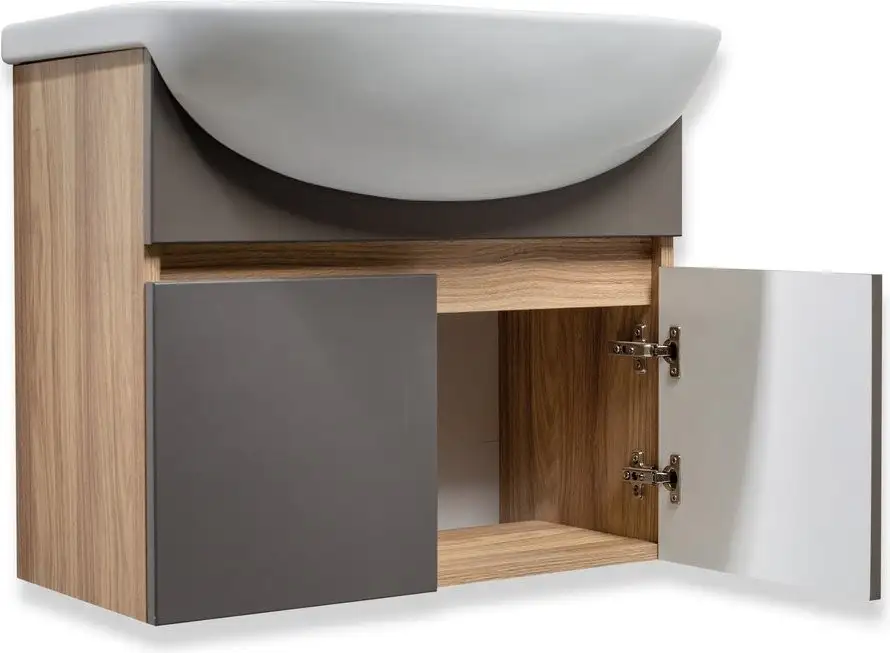 Runo Тумба с умывальником Runo Лада 60 + Уют 60 (подвесная, дуб/графит) – фото товара