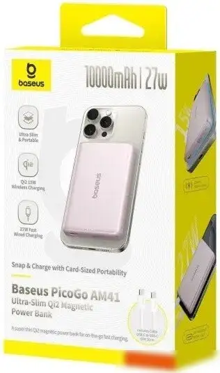 Внешний аккумулятор Baseus PicoGo AM41 Ultra-Slim Qi2 Magnetic Power Bank 10000mAh (розовый) – фото товара