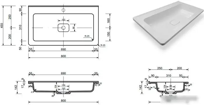 Умывальник Эстет Каре Люкс 80 - фото товара