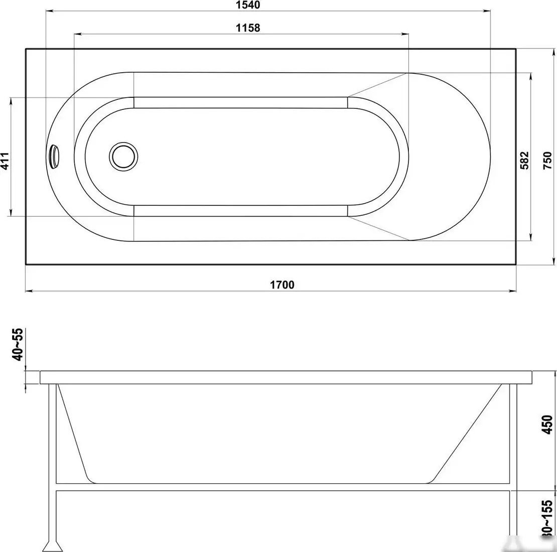 Ванна BAS Орион-Pro 170x75 (с каркасом) - фото товара
