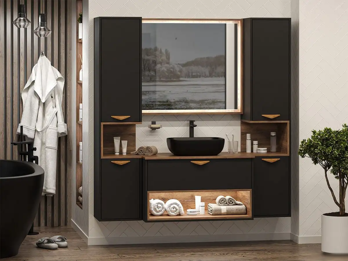 Briz Шкаф-пенал Bergen 35 BER-05035-02-19-ПоП (правый, черный/темное дерево) – фото товара