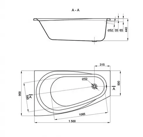 Ванна Alba Spa Baline Asymmetric 150x90 R (без ножек) - фото товара
