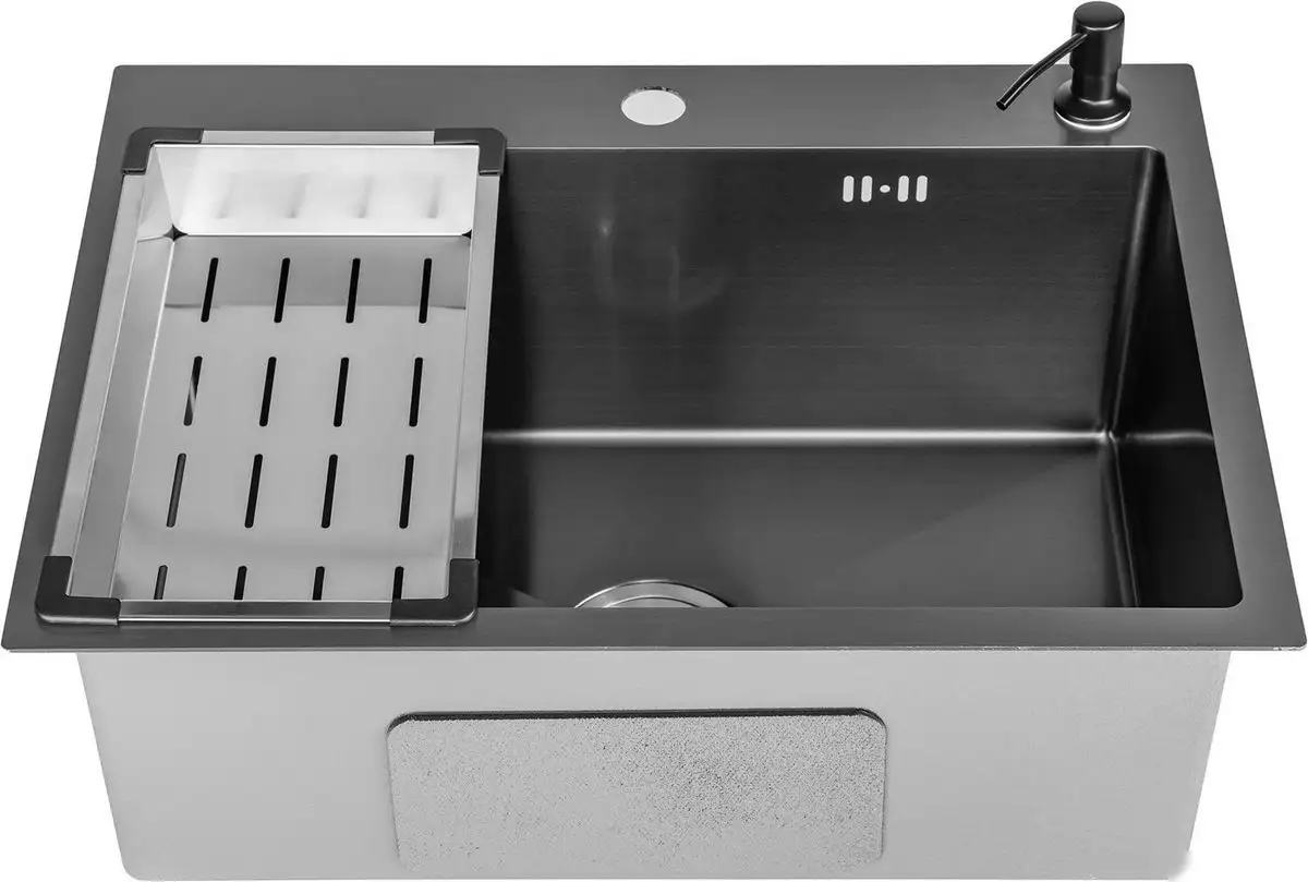 Кухонная мойка Saniteco 6045 Nano + Spike F9S07011 (сатин, с сифоном, дозатором и коландером) - фото товара