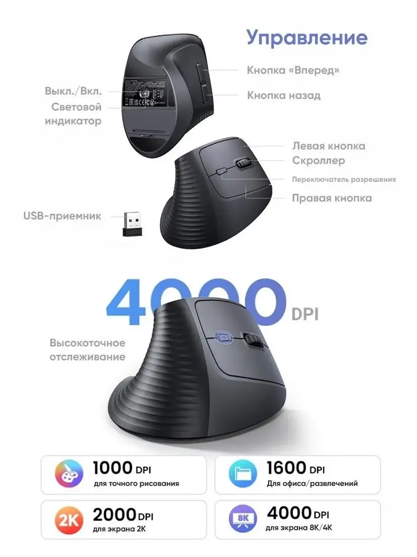 Вертикальная мышь Ugreen M571 55916 (черный) – фото товара
