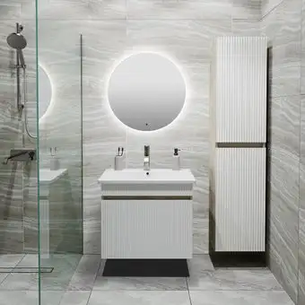 Runo Тумба с умывальником Runo Модена 65 + Оскар 65 (подвесная, крафтовый дуб) – изображение в каталоге