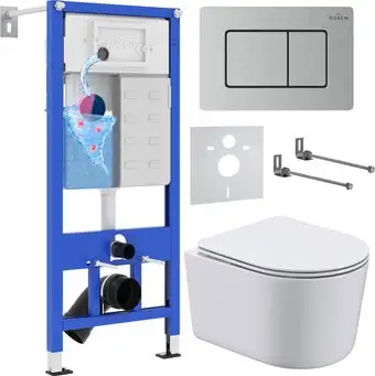 Унитаз подвесной Roxen Simple compact в комплекте с инсталляцией StounFix Dual Fresh 6 в 1 968486 (кнопка: сатин)