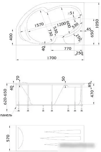 Ванна 1Марка Diana 170x105 L (с каркасом и экраном) - фото товара