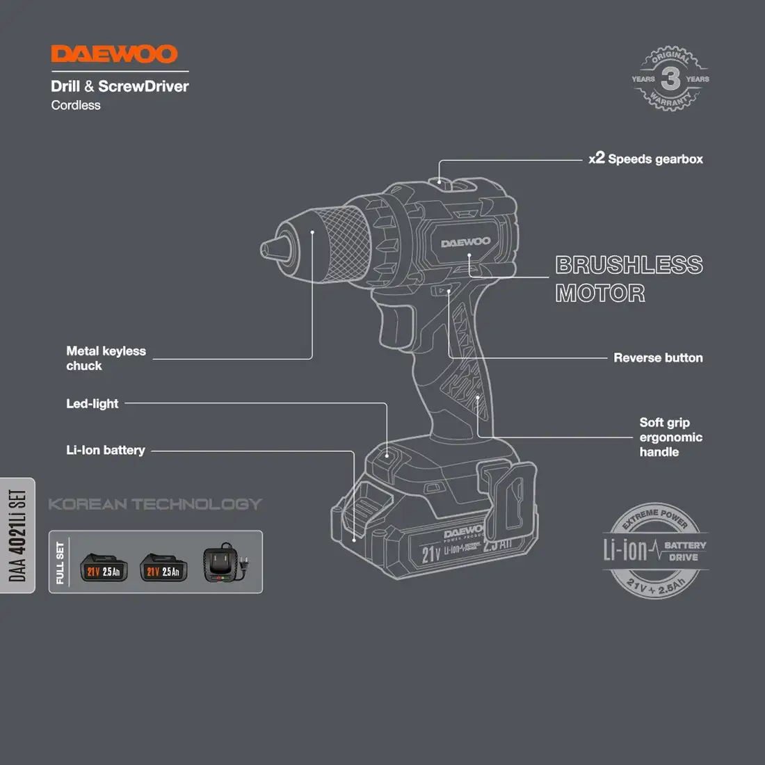 Дрель-шуруповерт Daewoo Power DAA 4021Li Set (с 2-мя АКБ, кейс) – фото товара