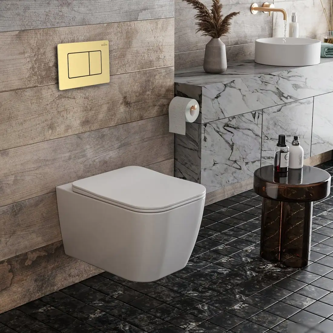 Унитаз подвесной Roxen Cube в комплекте с инсталляцией StounFix Dual Fresh 6 в 1 968469 (кнопка: брашированное золото) - фото товара