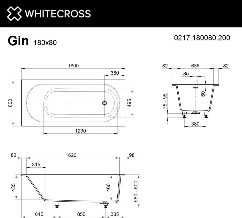 Ванна Whitecross Gin 180x80 0217.180080.200 (белый матовый) - фото товара