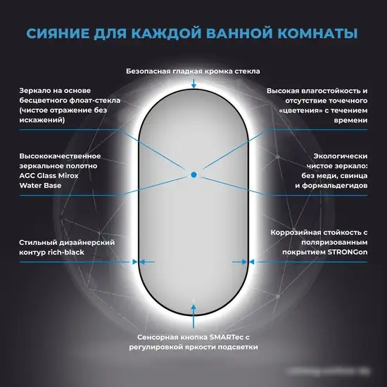 Wellsee Зеркало с фоновой LED-подсветкой 7 Rays' Spectrum 172201520, 50 х 90 см (с сенсором и регулировкой яркости освещения) – фото товара