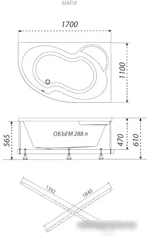 Ванна Triton Мари 170x110 L Люкс Flat (с гидромассажем) - фото товара