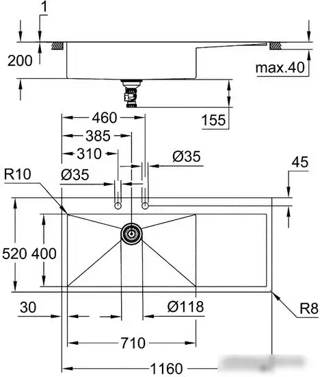 Кухонная мойка Grohe K1000 80-S 116/52 1.0 lh 31581SD1 (левая) - фото товара