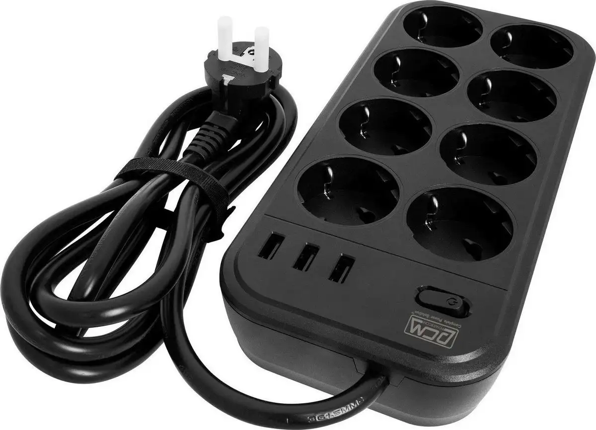 Сетевой фильтр Powercom SP-08 USB03AB (1.8 м, 8 розеток, черный) – фото товара