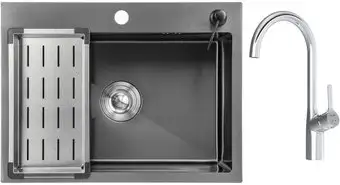 Кухонная мойка Saniteco 6045 Nano + Spike F9S07000 (хром, с сифоном, дозатором и коландером)