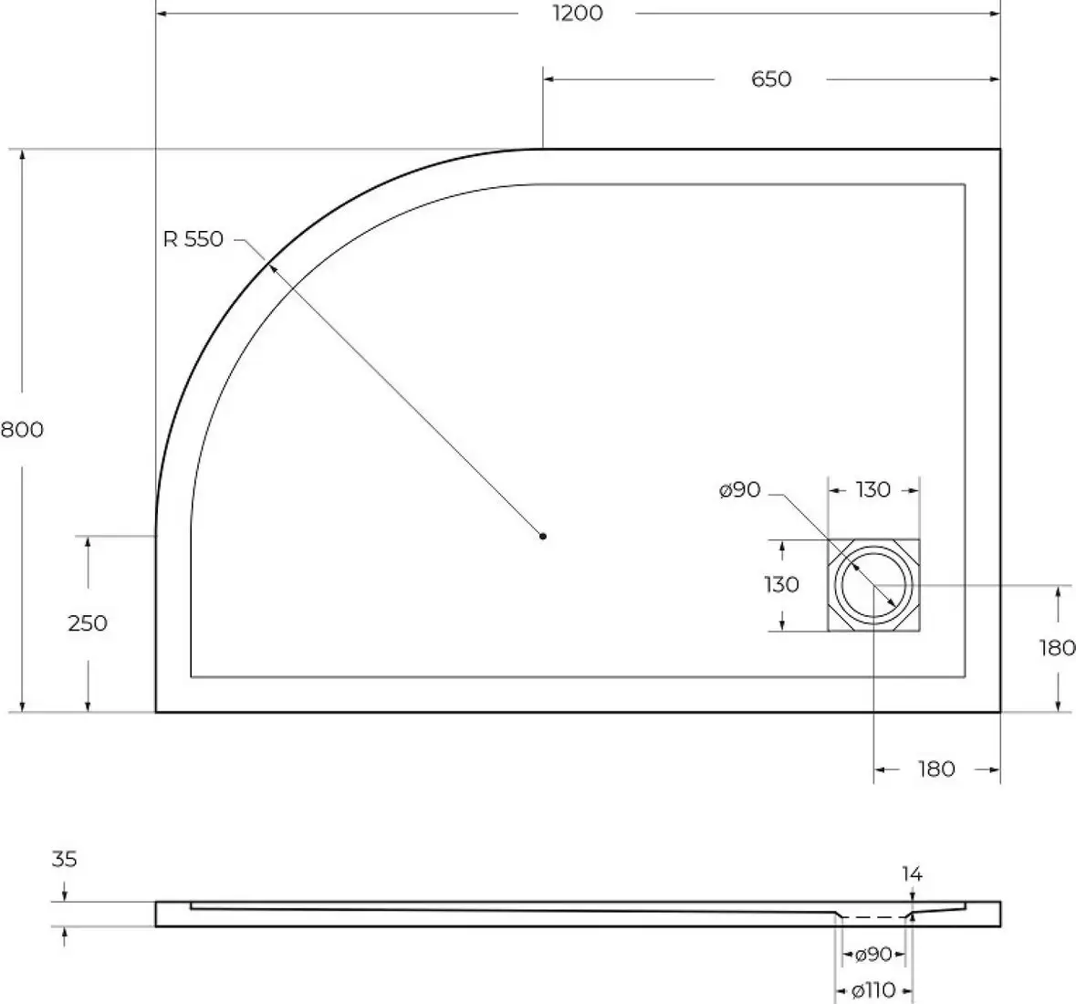 Душевой поддон BelBagno TRAY-MR-UNO-RH-120/80-550-35-W-L-BO - фото товара