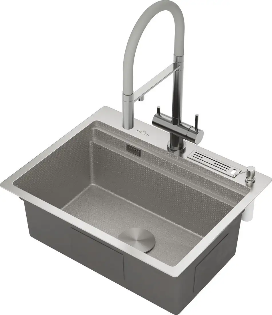 Кухонная мойка Roxen Stage 560250-60-S текстурный сатин (с держателем для ножей и аксессуарами) - фото товара