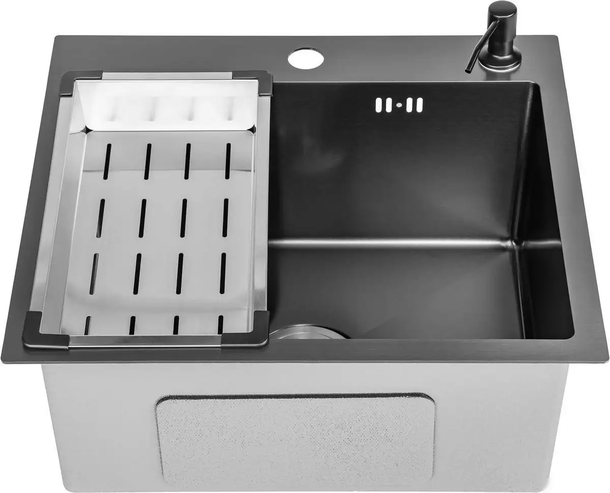 Кухонная мойка Saniteco 5045 Nano + Spike F9S07000 (хром, с сифоном, дозатором и коландером) - фото товара