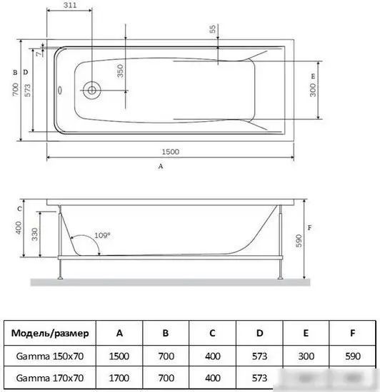 Ванна Alba Spa Gamma 170x70 (с ножками) - фото товара