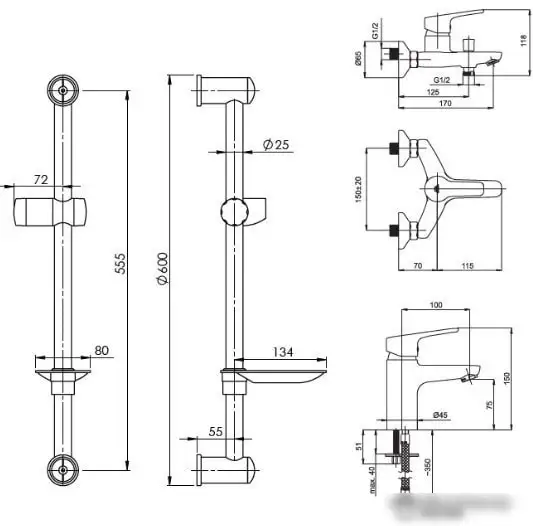 Комплект смесителей Rubineta Uno-10 + Uno-18 + Varianta – Delta 625025 - фото товара