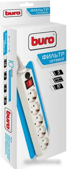 Сетевой фильтр Buro 5 розеток, белый, 10 м [500SH-10-W] – фото товара