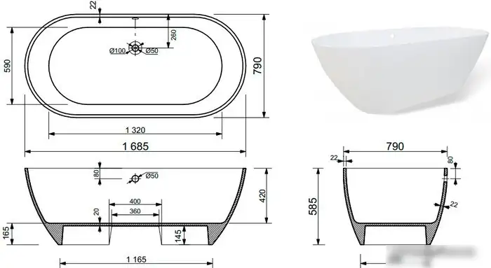 Ванна Эстет Майами 168х79 - фото товара