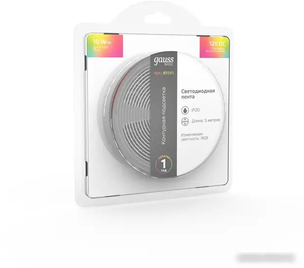 Светодиодная лента Gauss Basic LED 5050/60 12V 10W/m 700lm/m RGB 10mm IP20 5m 1/100 BT055 – фото товара